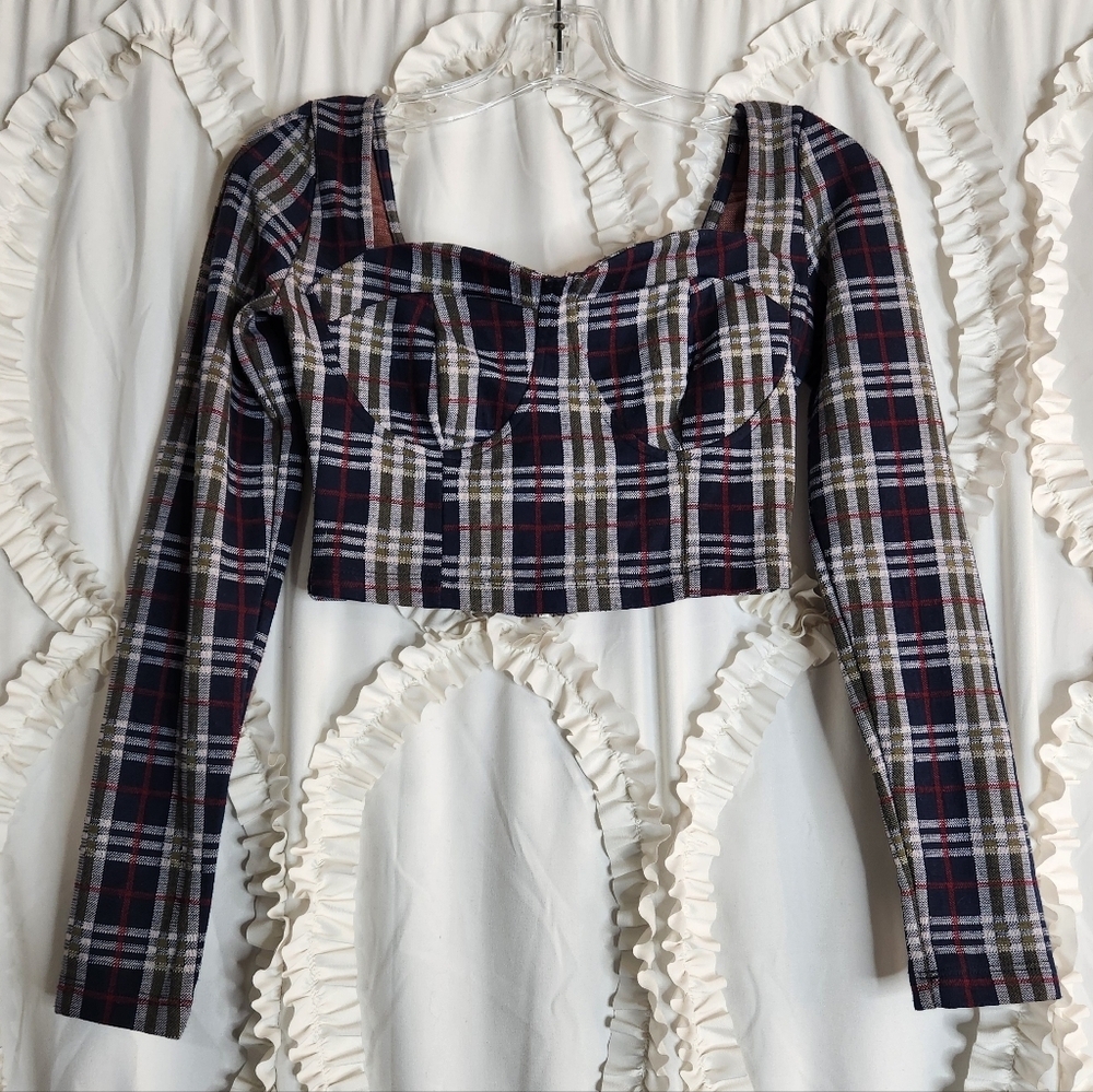 Free People Modern Love Long Sleeve Plaid Crop Top Sz 2
